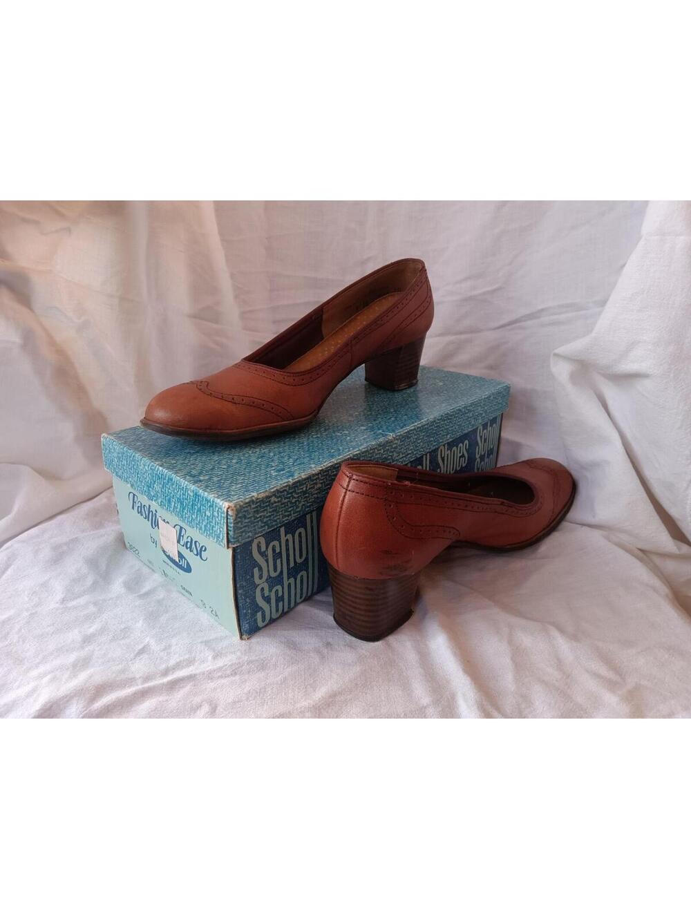 Vintage 1950s Oxford Heel Chunky Heel Scholls Leather Shoes Size 9 Original Box